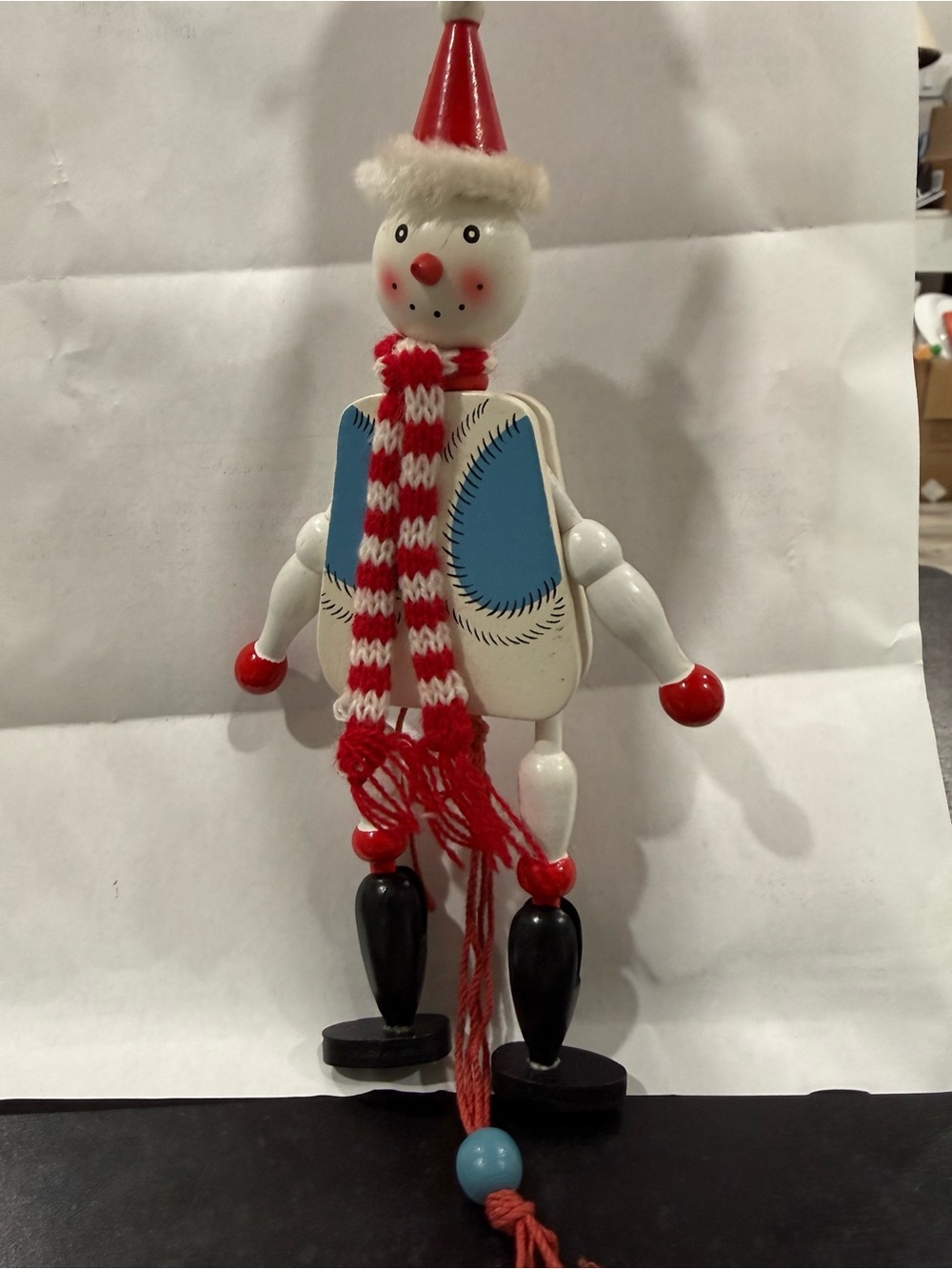 Festive Red & White Wooden Snowman Pull-String Ornament